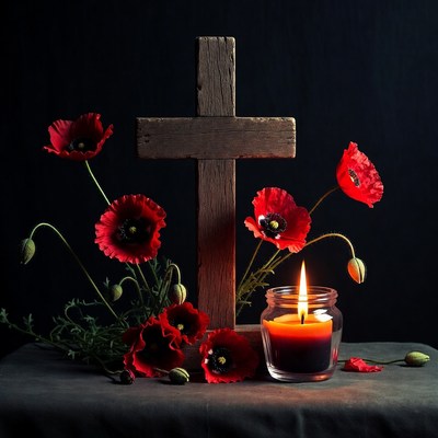 Red Poppies and Wooden Cross with Candle