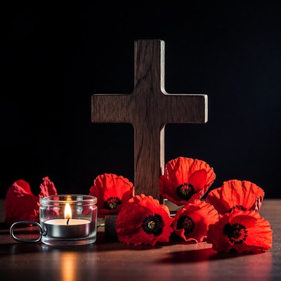 Wooden Cross with Poppies and Candle