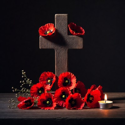 Poppies and Wooden Cross with Candle