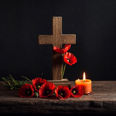 Wooden Cross with Red Poppies and Candle