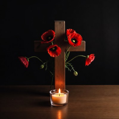 Red Poppies on Wooden Cross with Candle