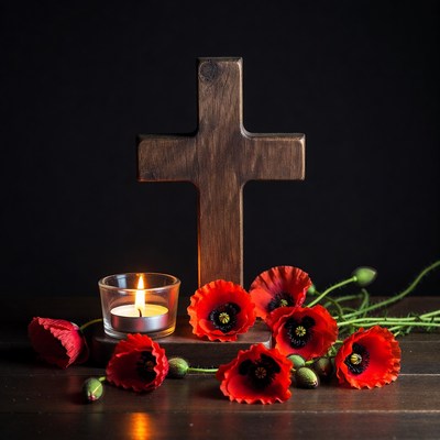 Wooden Cross with Red Poppies and Candle
