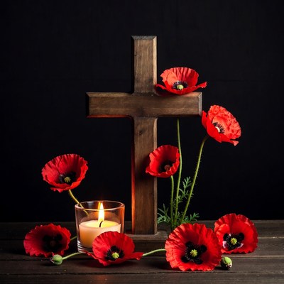 Wooden Cross with Poppies and Candle