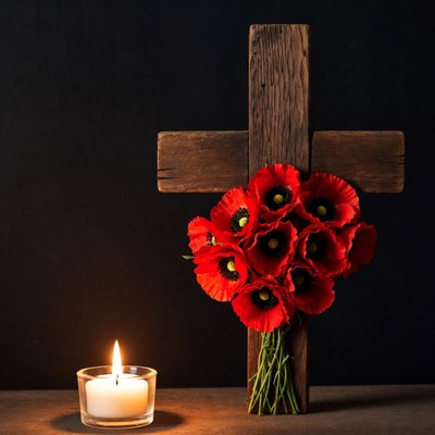 Red Poppies on Wooden Cross with Candle