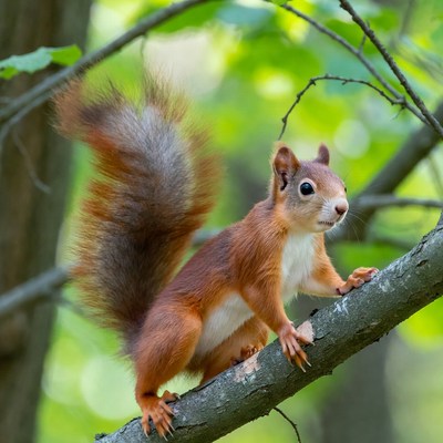 Red squirrel on tree branch