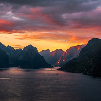 Sunset over Mountains and Fjord