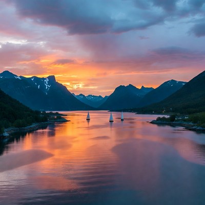 Sailboats in Fjord at Sunset