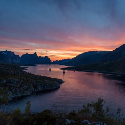 Sailboats in Fjord at Sunset