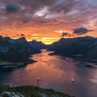 Sailboats in Fjord at Sunset