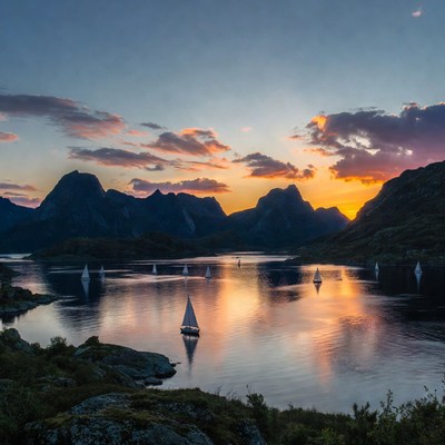 Sailboats in Fjord at Sunset