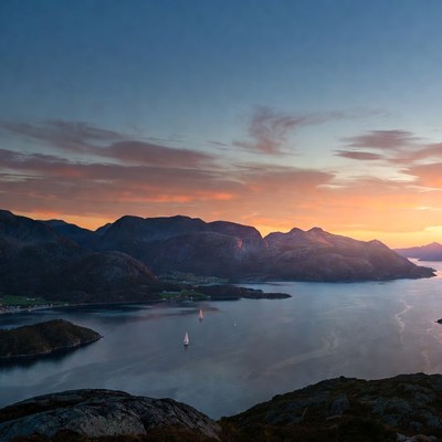 Sailboats in Norwegian Fjord Sunset