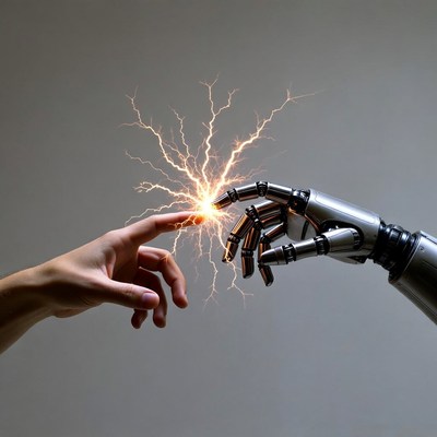 Human Hand Touching Robotic Hand with Electricity