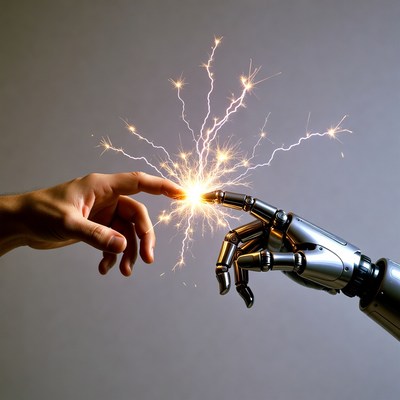 Human Hand Touching Robotic Hand with Sparks