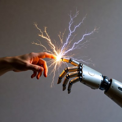Human Hand Touching Robot Hand with Electricity