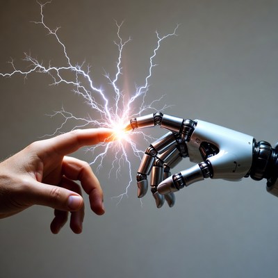 Human Hand Touching Robotic Hand with Electricity