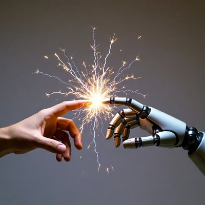 Human hand touching robotic hand with electricity