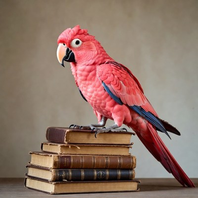Red Parrot Standing on Books