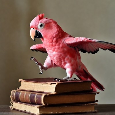 Pink Parrot Standing on Books