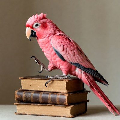 Pink Parrot Standing on Books