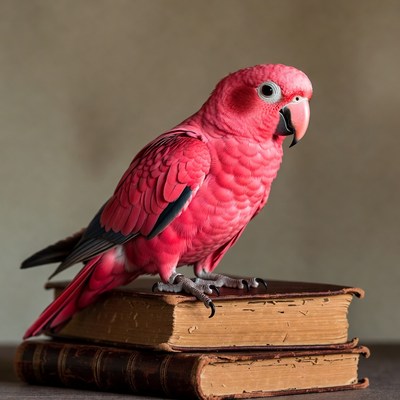 Red Parrot Perched on Books