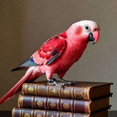 Pink Parrot on Stack of Books