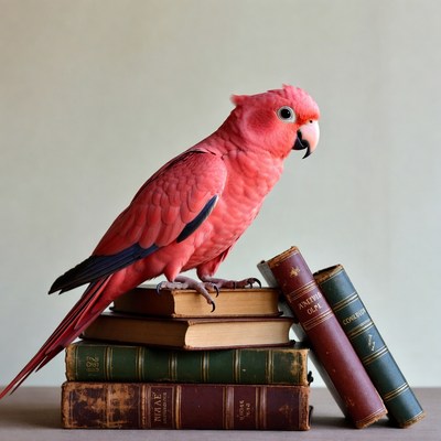 Red Parrot Perched on Books
