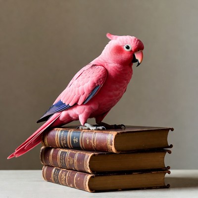 Pink Parrot on Stack of Books