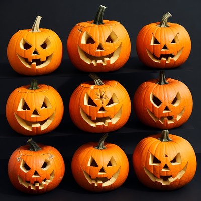 Jack-o'-lantern pumpkins on black background