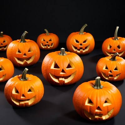 Jack-o'-lantern pumpkins on black background