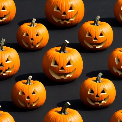 Jack-o'-lantern pumpkins on black background