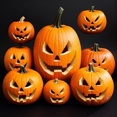 Group of carved jack-o-lantern pumpkins