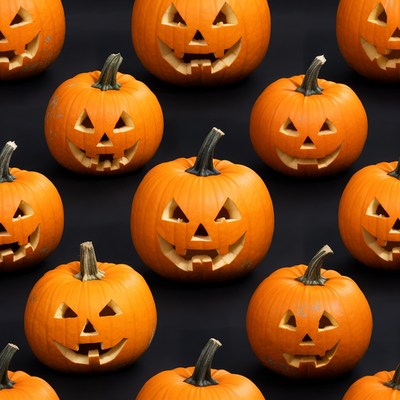 Jack-o'-lantern pumpkins on black background