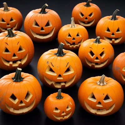 Carved Jack-o-Lantern Pumpkins on Black Background
