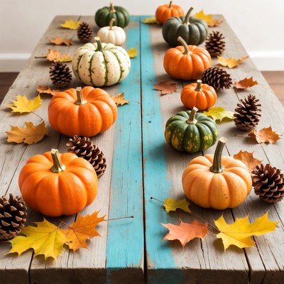 Assorted Pumpkins on Rustic Wooden Table