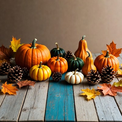 Assortment of pumpkins on wooden table