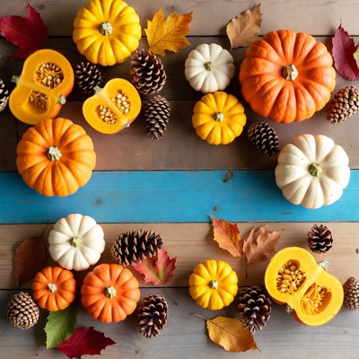 Autumn Pumpkins and Pinecones on Wood