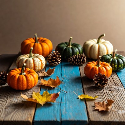 Assortment of pumpkins on blue wood