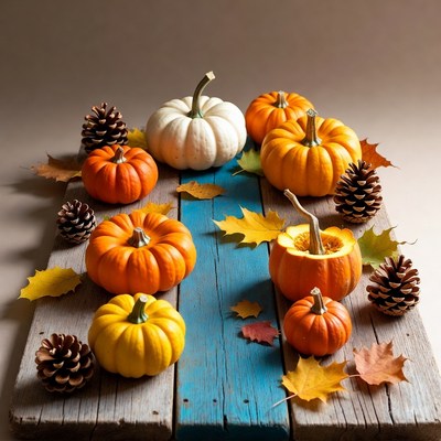 Assortment of pumpkins on wooden board