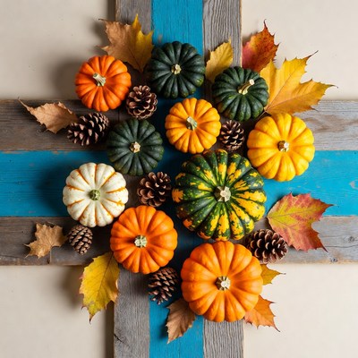 Autumn Pumpkins on Wooden Cross
