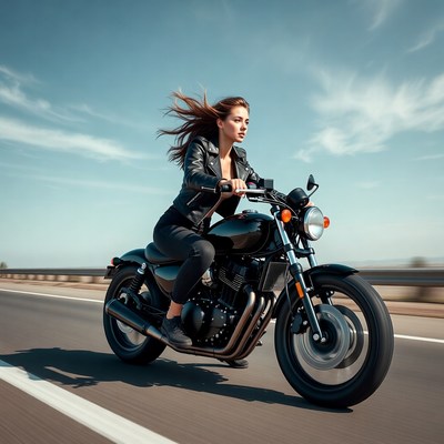 Woman riding black motorcycle on highway