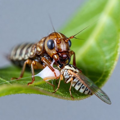 Earwig Eating Nymph on Leaf