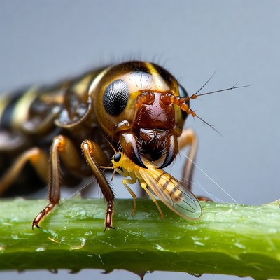 Hoverfly Eating Aphid on Leaf