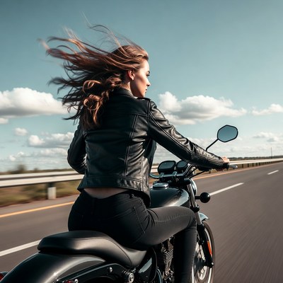 Woman riding motorcycle with flowing hair