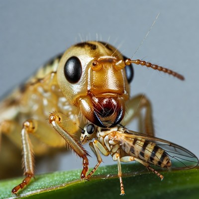 Closeup of robber fly eating prey