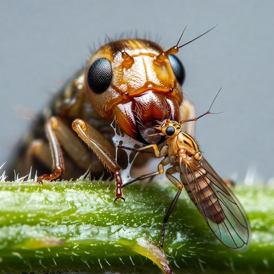 Fly Eating Smaller Fly on Green Stem