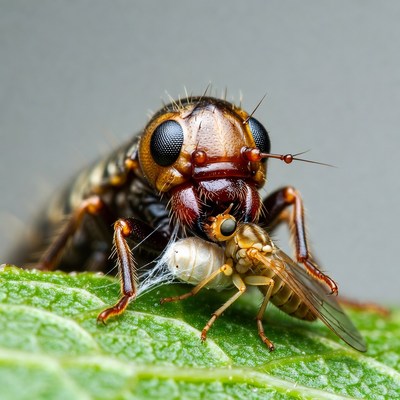 Robber Fly Eating Prey on Leaf