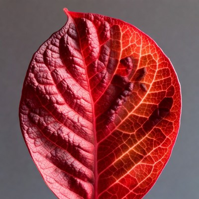 Red Leaf with Veins on Gray Background