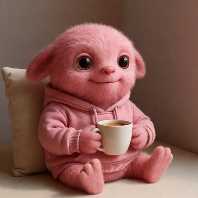 Pink fluffy bunny holding coffee cup