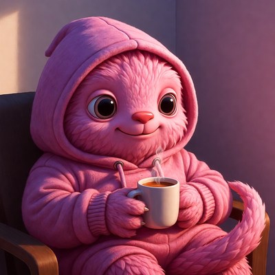 Pink furry creature drinking tea