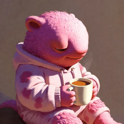 Pink furry creature drinking coffee
